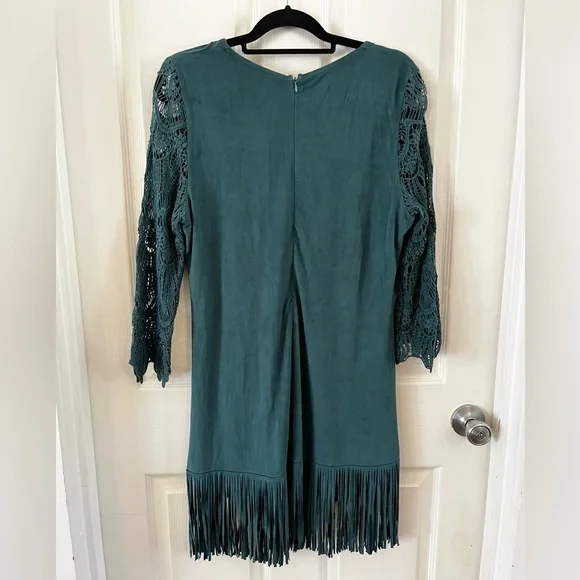 EUC Monoreno Teal Lace Fringe Midi Dress Overlay Sheath 3/4 Sleeve Medium Boho - Picture 8 of 15
